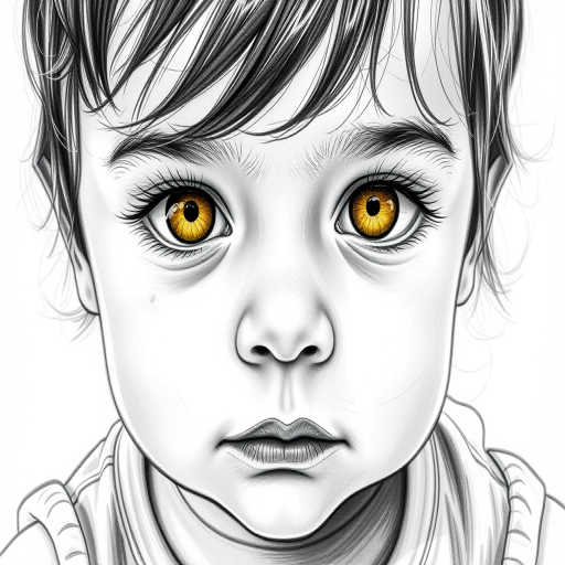 A hyperdetailed photorealistic black and white sketch of a beautiful toddler with deep Yellow eyes, with a macro focus