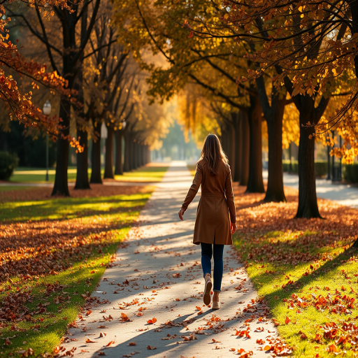 High-resolution, warm image of a couple walking hand-in-hand through a park in autumn, leaves in shades of orange, red, and gold carpeting the ground, soft sunlight filtering through the trees, a gentle breeze rustling the leaves, shadows stretching across the path behind them.