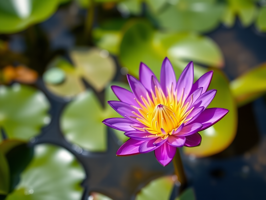 Capture a vibrant purple water lily with a yellow center growing in a serene pond surrounded by green lily pads, shot in natural daylight with a Canon EOS R5, 50mm f/1.2 lens, aperture set to f/2.8, ISO 100, and a shallow depth of field to create a soft background blur.