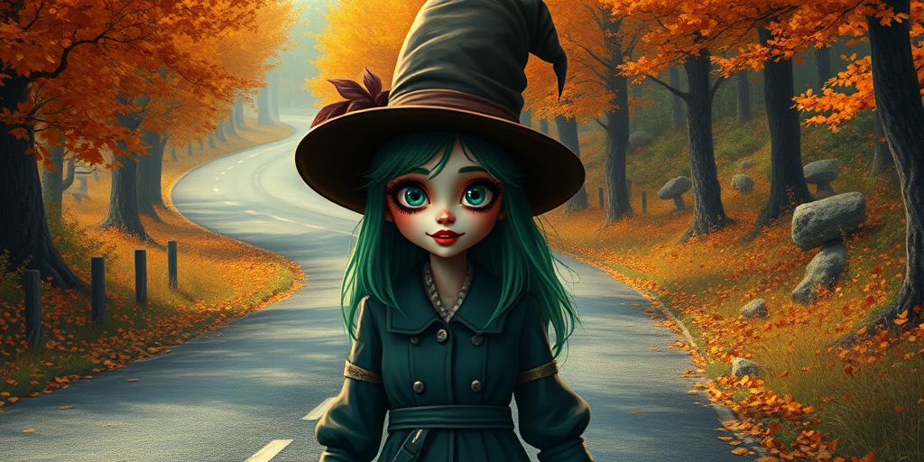digital art fantasy depicting a strange girl with green hair, long eyelashes, brown lipstick and a tall hat walking along a winding road on an autumn afternoon, an Vaquita smiles as she passes