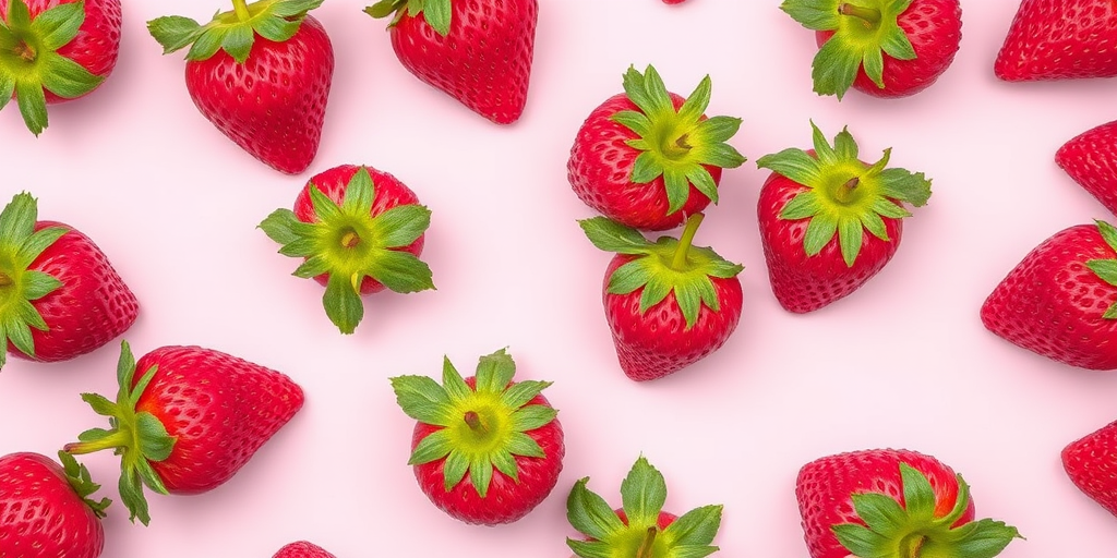generate a vibrant pattern of pink strawberries with green leaves on a light pink background, shot with a DSLR camera at f/4, ISO 100, 1/200s, overhead view, in a flat lay style for enhanced clarity and detail.