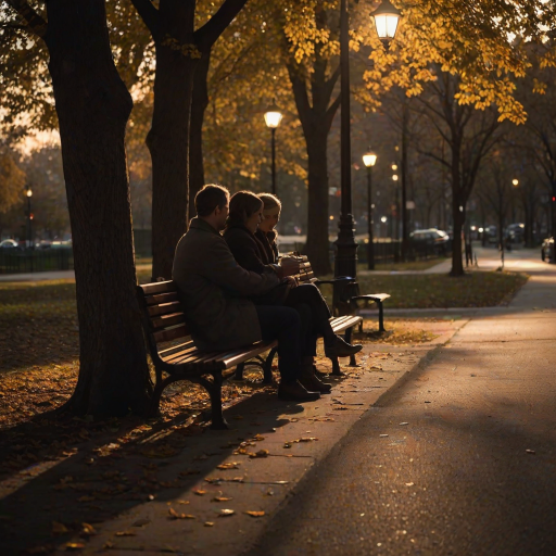 Low-light, intimate photo of a couple sitting together on a park bench at sunset, softly lit by a nearby streetlamp, leaves gently falling around them, their hands intertwined, shadows from the trees surrounding them, a distant city skyline barely visible on the horizon.