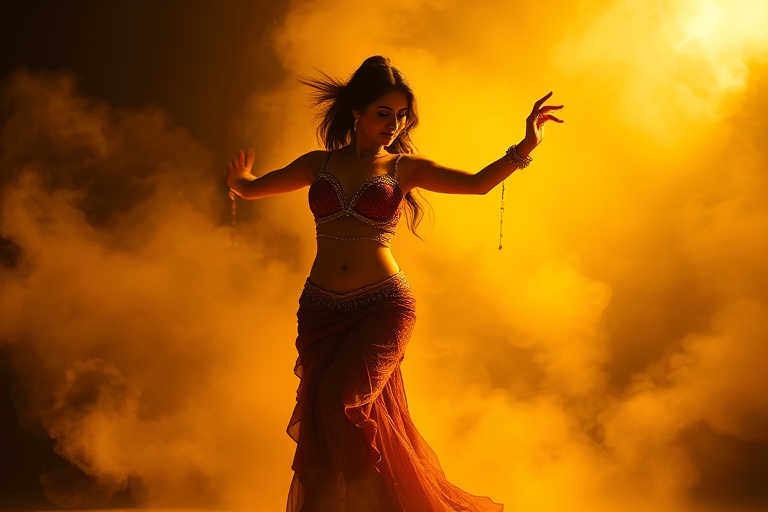 Belly dancer performing gracefully in a dramatic golden smoke background, soft 35mm lens, f/2.8 aperture, ISO 200, 1/200 sec shutter speed, backlit for enhanced silhouette, studio photography.