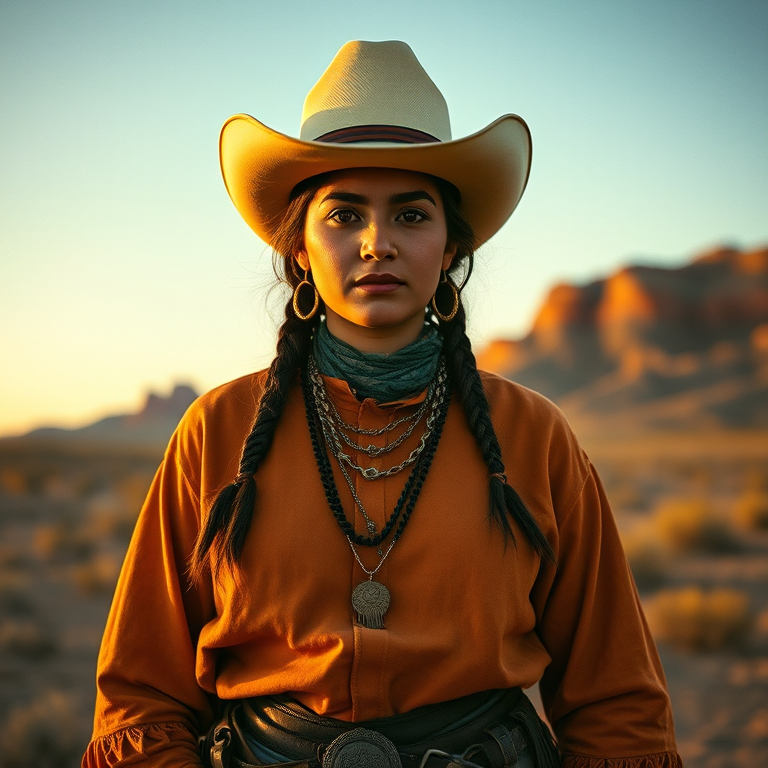 Dramatic photo of a beautiful Quechua woman, classic cowboy attire, confident and free spirit expression, half-length portrait, centered, golden hour desert landscape, warm, diffused light, low angle, medium format film camera, in style of Annie Leibovitz.