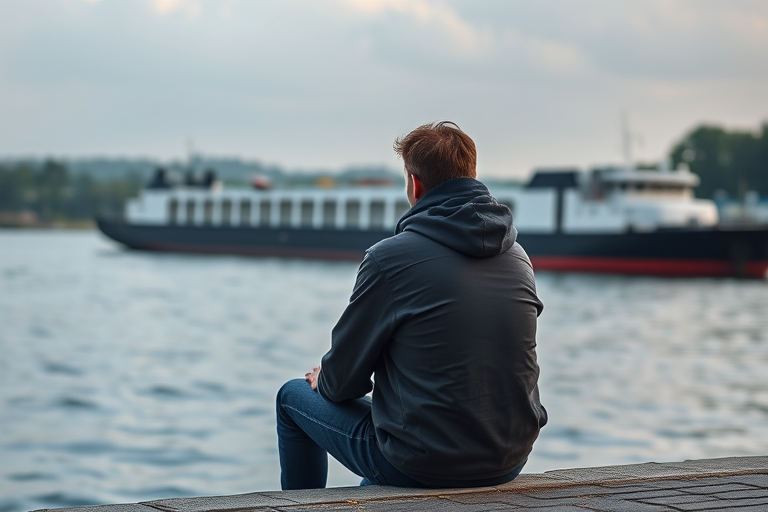 A contemplative individual sitting by the water's edge, gazing at a barge on the river, captured at f/4.0, ISO 100, 1/250s, in a wide shot using a DSLR camera with a standard lens, enhancing the depth of field and color saturation.