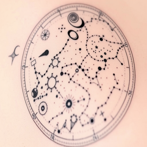 Dotwork tattoo named "Celestial Cartography" depicting a detailed star map with constellations and astronomical symbols created entirely with tiny precise dots in varying densities