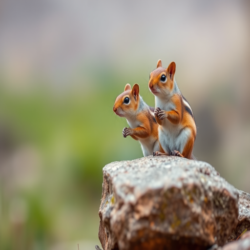 Capture a close-up of two squirrels perched on a rock in a natural setting, using a DSLR camera with a 100mm macro lens, aperture set to f/2.8 for shallow depth of field, ISO 200 for sharpness, and a shutter speed of 1/500 seconds to freeze motion, ensuring a soft background blur to highlight the squirrels.