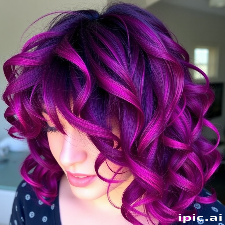 Deep purple to magenta gradient hair styled in loose spiral curls, known as "Twilight Cascade" style, featuring a center part and face-framing tendrils