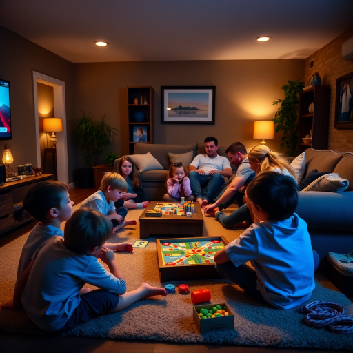 Cozy family room, with children playing board games on the floor, parents enjoying a movie on the couch, and soft lighting creating a warm, inviting space.