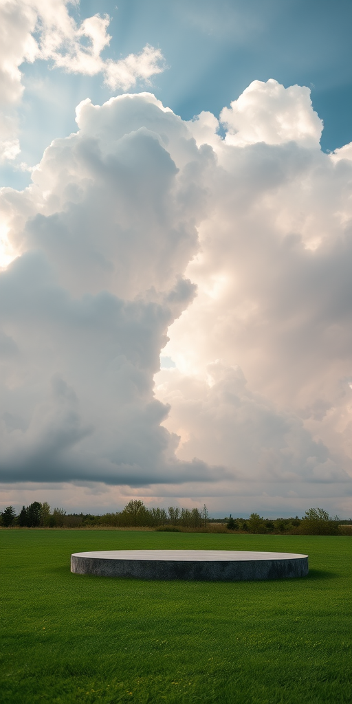 Create a serene outdoor scene featuring a circular platform on lush green grass under a dramatic sky filled with soft, billowing clouds and rays of sunlight, shot with a Canon EOS R5, 24mm lens, f/8 aperture, 1/100s shutter speed, ISO 100, wide-angle view for depth and clarity.