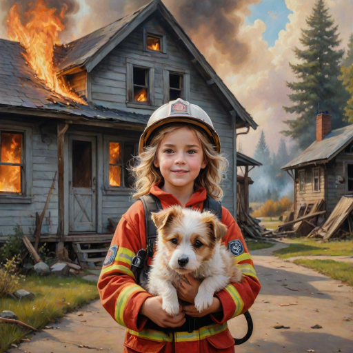 airbrushed oil painting, pixar style, cute little girl in fireman gear, helmet, tousled hair, expressive eyes, standing in the doorstep of a cottage burning behind him, holding a cute little dog in her arm, atumn sky