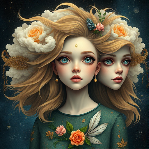 Create a series of imaginative portraits where each subject is infused with elements of fantasy and nature. The hair of the individuals should flow like clouds, varying from soft, fluffy cumulus to wispy cirrus strands, with hints of color reflecting a sunset or a clear blue sky. The eyes should be windows to entire galaxies, with stars, nebulae, and distant planets visible within them. Clothing should be adorned with nature motifs, such as floral patterns that bloom and change, vines that seem to grow and wrap around, or feathers that shimmer with iridescence. Each portrait should capture a unique personality, blending human features with the ethereal beauty of the natural and cosmic world. The backgrounds can vary, from starry night skies to enchanted forests, adding depth and context to the magical realism of the portraits