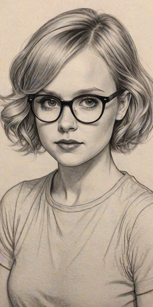 Captivating Alison Pill, pencil sketch, portrait of Bewitching woman 1931s in glasses, hair style beatnik, outline, clear lines, fine lines, 8k