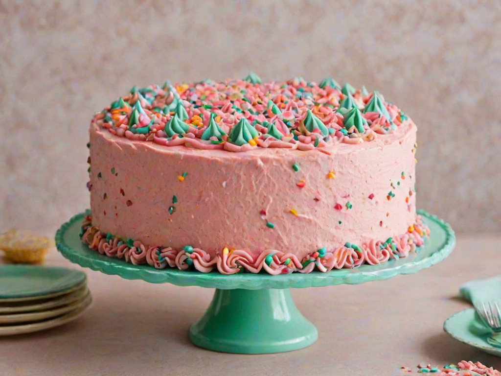 Create an image of a round cake with smooth pink frosting. The cake should have a decorative border of pink frosting rosettes on top, with colorful sprinkles scattered around the edge. Place the cake on a mint green cake stand, and set it against a simple, neutral background.