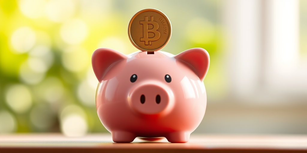 create an image of a cartoon piggy bank with a coin resting on top, using a shallow depth of field to focus on the bank while blurring the background, shot with a DSLR camera at f/2.8, 50mm lens, in bright natural light settings for enhanced color vibrancy and detail.