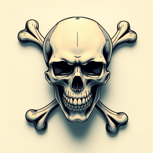 Regenerate a detailed skull and crossbones illustration with a clean, modern design, high contrast colors, soft shadows, shot with a DSLR camera at f/2.8, ISO 100, 50mm lens, top-down view, vibrant and sharp focus.