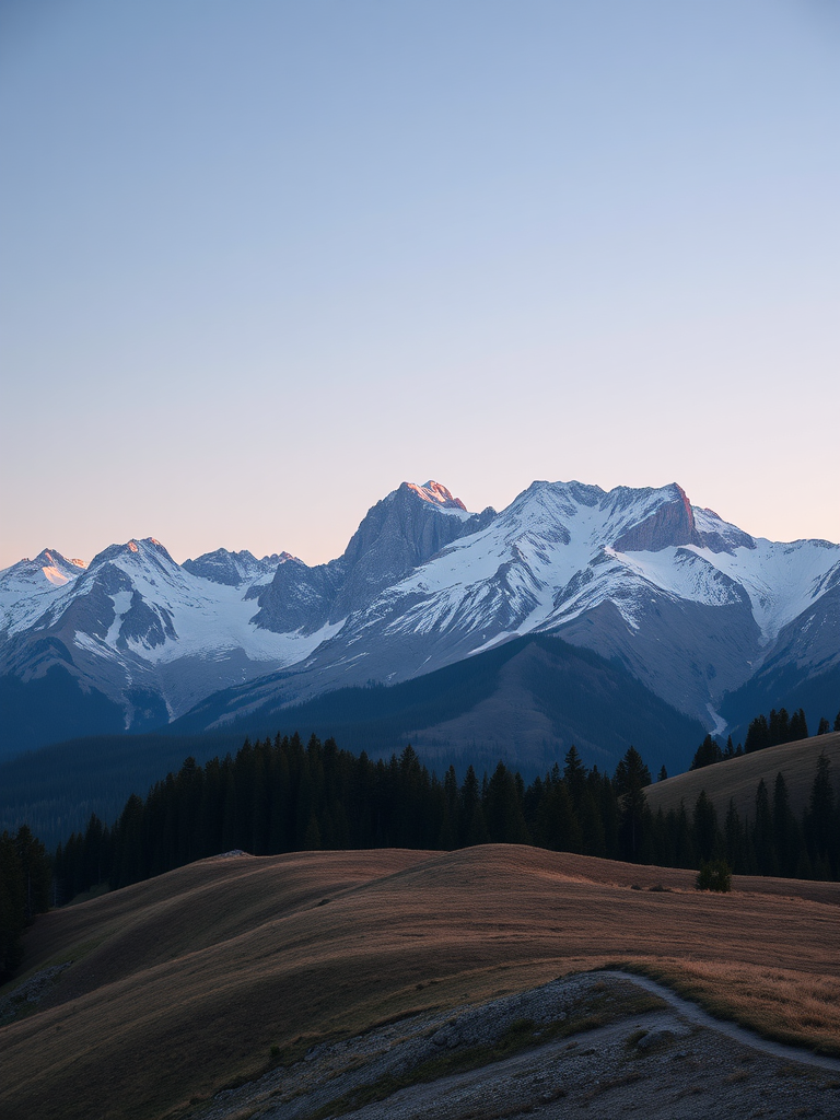 Create a high-resolution image of a serene mountain landscape at sunrise with soft pastel colors, using a Canon EOS R5 camera, 24mm lens, f/8 aperture, ISO 100, 1/125 sec shutter speed, in landscape orientation for enhanced depth and clarity.