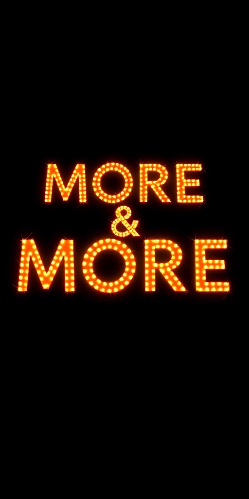 Create an image of glowing text that reads "MORE & MORE" in a fiery style, using a DSLR camera with a 50mm lens at f/1.8, ISO 100, and shutter speed of 1/200s, shot from a medium close-up view with a black background to enhance contrast and clarity.