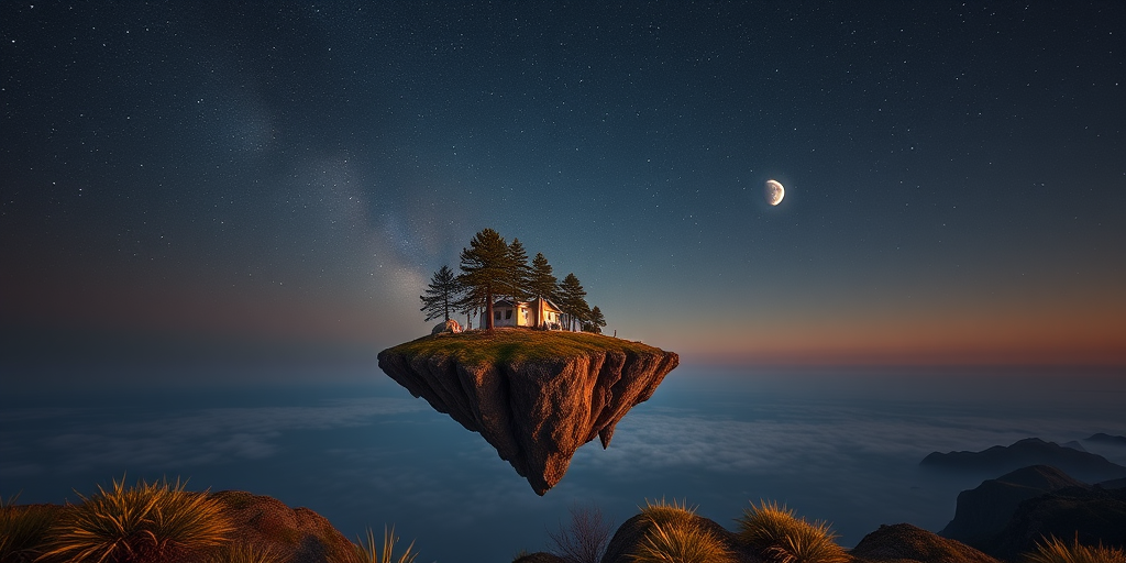 Create a high-resolution surreal landscape featuring a floating island with a small house and pine trees, set against a starry night sky with a distant moon, shot with a Canon EOS R5, 24mm lens, f/8 aperture, ISO 100, with a wide-angle view to capture the vastness of the scene and enhance image quality.