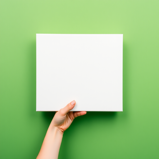 Create an image of a hand holding a blank canvas against a green background, using a DSLR camera with a 50mm lens, aperture f/2.8, ISO 100, natural lighting, top-down view for a clean and vibrant look.