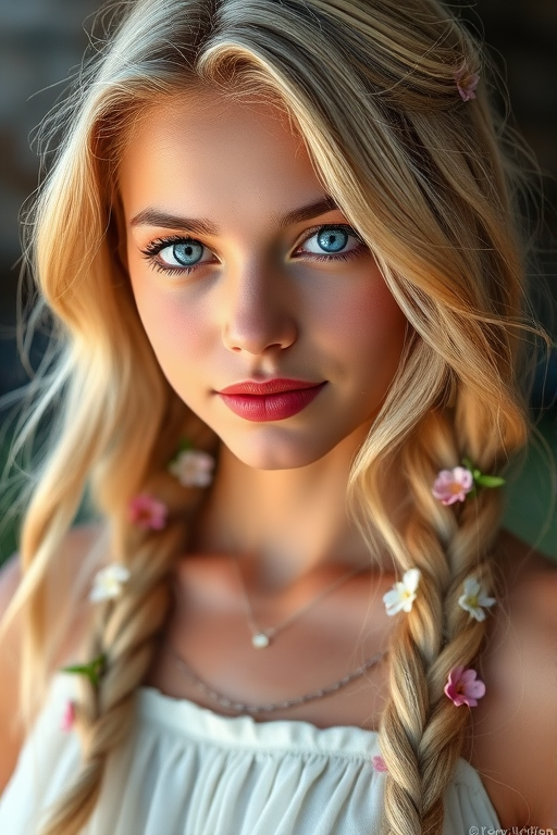 Create an image of a young Hawaiian woman with long, wavy blonde hair, adorned with small, colorful flowers woven into her braids and loose strands. Her complexion is fair, with soft, glowing skin, and she has light blue eyes that gaze softly at the viewer. She wears a light, flowing dress with a gentle, ethereal quality, complementing her delicate and serene appearance. The background is slightly blurred, drawing focus to her tranquil expression and the intricate details of the flowers in her hair. The overall mood of the image is one of natural beauty and grace, evoking a sense of peacefulness and connection with nature.
