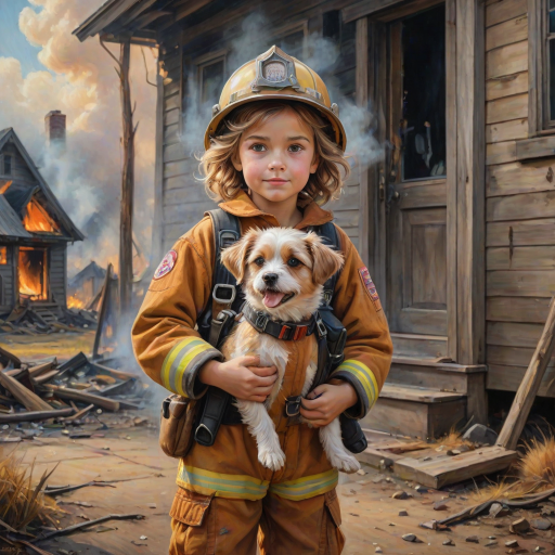 airbrushed oil painting, pixar style, cute little girl in fireman gear, helmet, tousled hair, expressive eyes, standing in the doorstep of a cottage burning behind him, holding a cute little dog in her arm, atumn sky