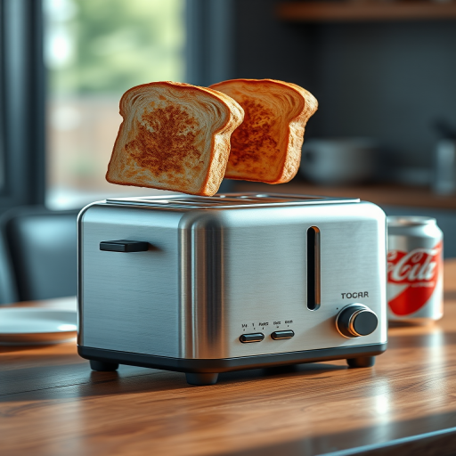 A high-quality 3D rendering of a modern toaster with two slices of perfectly toasted bread hovering above it, set on a wooden table with a plate and a soda can in the background, captured with a 50mm lens at f/1.8, ISO 200, 1/250s, in natural light from a nearby window to enhance the textures and details.
