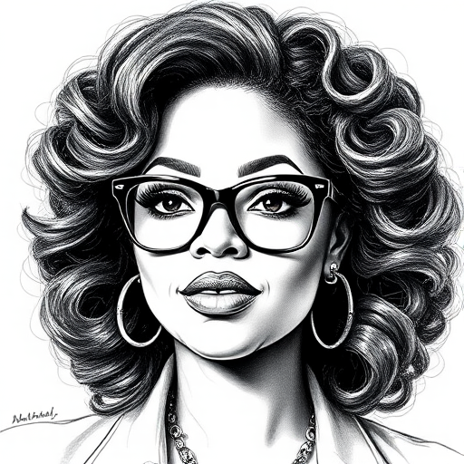 Beautiful Oprah Winfrey, pencil sketch, portrait of beautiful woman 60s in glasses, hair style beatnik, outline, clear lines, fine lines, 8k