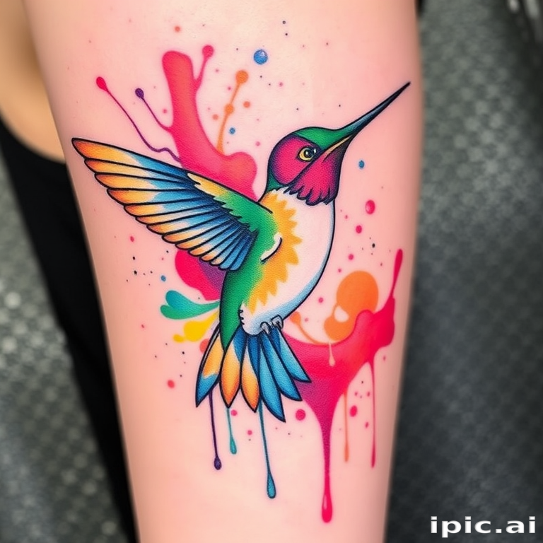 Watercolor splash tattoo named "Chromatic Hummingbird" depicting a hummingbird in flight surrounded by abstract splashes and drips of vibrant colors, creating a sense of movement and energy