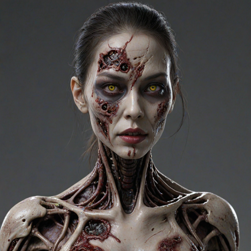 (perspective) of A creepy (ethnicity) zombie cyborg with (descriptive color) skin, (color) lipstick (color) liquid flowing from her eyes and mouth, (perspective two) portrait, (camera angle), extremely detailed, (art style) in the style of Yoshitaka Amano and Tetsuo Hara. --ar 85:128 --style raw --niji 6