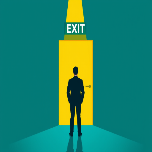Create a minimalist illustration of a silhouette of a person in a suit standing in front of a brightly lit exit door labeled "EXIT," with a bold yellow light beam leading to the door, background in deep teal and cyan colors, taking the image with a Canon EOS R5, 50mm lens, f/1.8 aperture, ISO 100, ensuring sharp focus and high dynamic range.