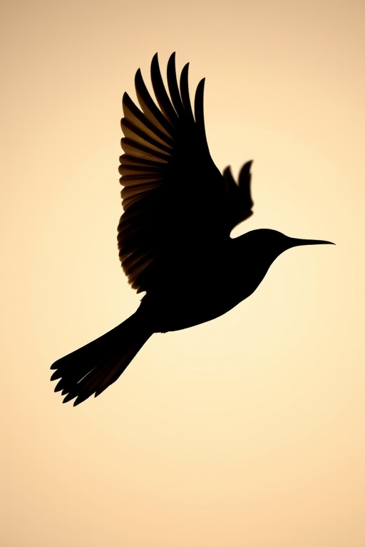 Create a high-resolution silhouette of a flying bird in profile, capturing intricate feather details, set against a soft gradient background, taken with a DSLR camera, 50mm lens, f/2.8 aperture, ISO 100, and a shutter speed of 1/500s, using natural light to enhance contrast and clarity.