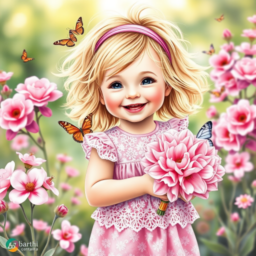 hyperrealism happy smiling toddler girl with messy wavy blonde hair with a headband, she is wearing a pink and white lace dress with pink and white shoes, she is holding a pink bouquet of flowers. Pink flowers and butterflies. summer background. Watercolor Highly detailed