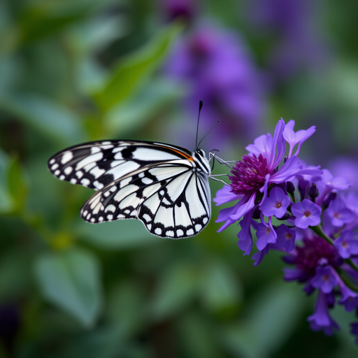Generate an image of a butterfly perched on a vibrant purple flower. The butterfly should have intricate black and white patterns on its wings. The background should be a soft blur of green foliage, enhancing the focus on the butterfly and the flower. The scene should convey a sense of tranquility and natural beauty.