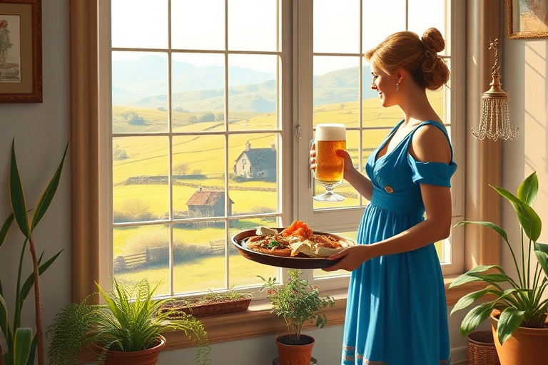In "A Glass of Beer on the Highland," a serene scene is depicted in a sunlit room where a woman in a vibrant blue dress stands by a large window. She holds a tray with a hearty meal and a frothy glass of beer, embodying a moment of relaxation. Outside, the breathtaking highland landscape features rolling green hills and a charming traditional house, all bathed in warm afternoon light. The interior is adorned with potted plants, creating a harmonious blend of comfort and nature. The painting beautifully captures the tranquility and joy found in simple pleasures amidst stunning scenery
