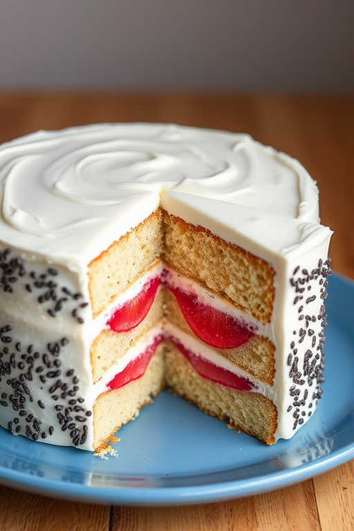 A beautifully layered cake with poppy seeds and a pink fruit filling between the layers, topped with a smooth white frosting, showing a slice with a clean cut revealing the texture and colors inside, placed on a blue plate.