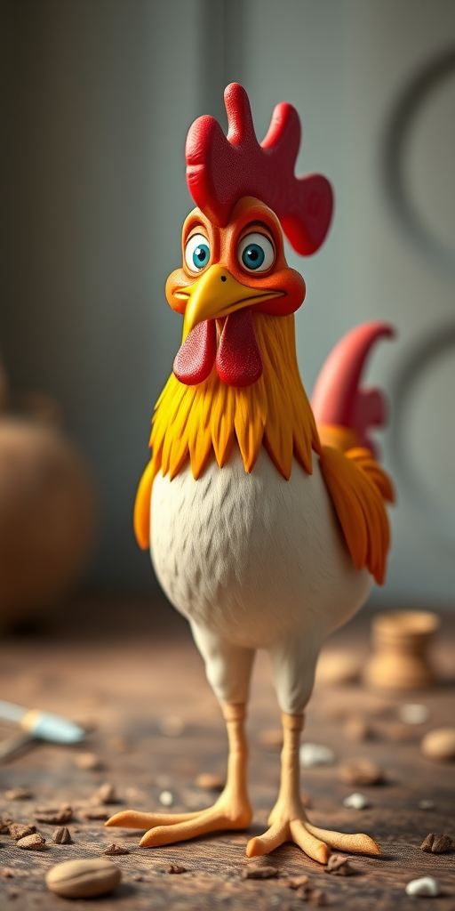 Create a 3D cartoon chicken character with exaggerated features and vibrant colors, captured with a DSLR camera at f/2.8, ISO 100, 50mm lens, in soft natural lighting, using a shallow depth of field to enhance the focus on the chicken against a blurred background.
