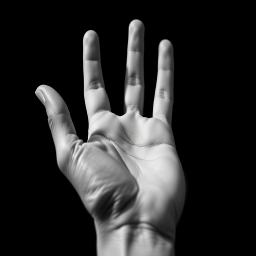 Create a high-contrast monochrome image of an open hand in a stylized, artistic design on a black background, using a DSLR camera with a 50mm lens, aperture set at f/8, ISO 100, and natural lighting to accentuate texture and details.