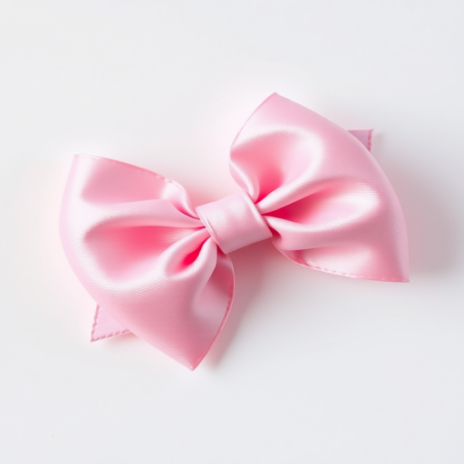 Regenerate an image of a pink bow with a glossy finish, high resolution, captured with a DSLR camera at f/4 aperture, ISO 100, in natural soft lighting, with a close-up view on a white background to enhance detail and texture.