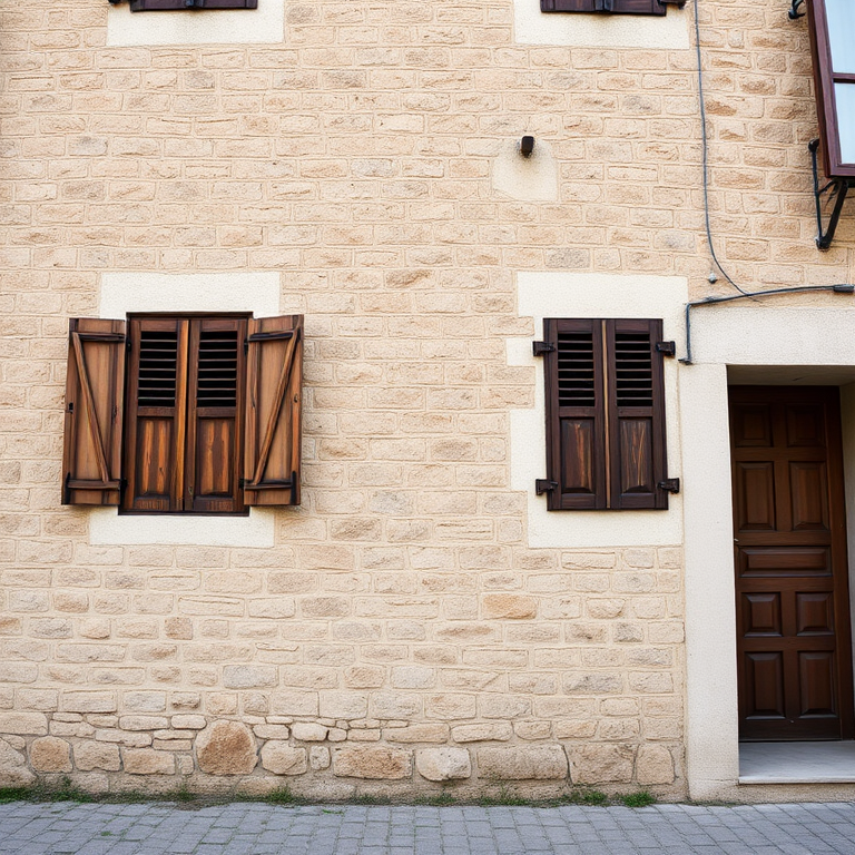 photograph of an old building facade with a stone wall and wooden shutters, shot in natural light, using a DSLR camera with a 24mm lens, aperture f/8, ISO 100, shutter speed 1/250s, capturing a straight-on view for clarity and detail