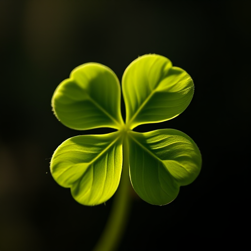 Close-up shot of a four-leaf clover on a black background, sunlight illumination, ISO 100, f/2.8 aperture, 50mm lens, shallow depth of field, macro photography style.