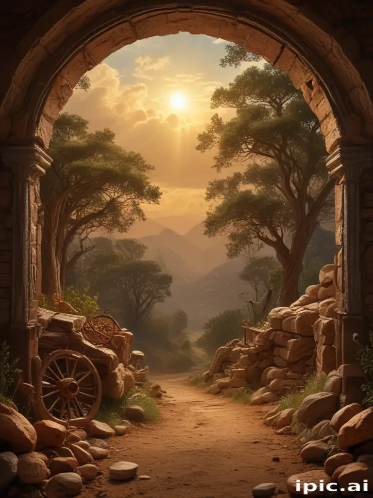 Serene Sunset Over Ancient Stone Archway Leading to Tranquil Landscape