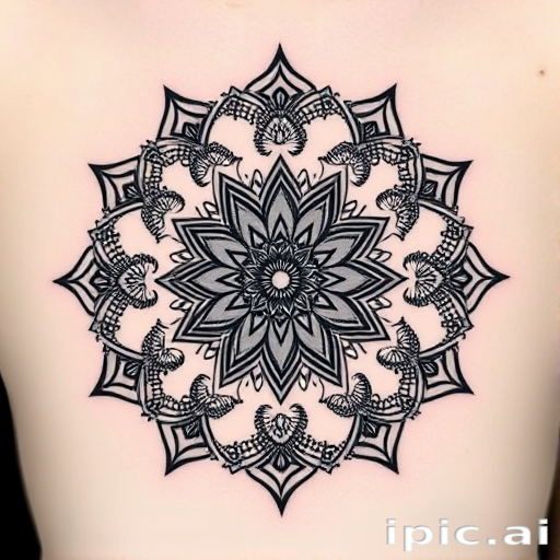 Dotwork mandala tattoo named "Cosmic Bloom" showcasing an intricate circular pattern composed entirely of tiny dots, gradually increasing in density to create mesmerizing optical illusions and depth, incorporating elements of sacred geometry and floral motifs within the design, rendered in black ink with subtle touches of white for highlights and dimension, perfect for those seeking a meditative and spiritually inspired tattoo that celebrates the beauty of symmetry and precision