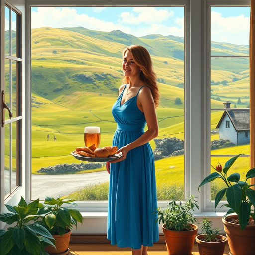 In "A Glass of Beer on the Highland," a serene scene is depicted in a sunlit room where a woman in a vibrant blue dress stands by a large window. She holds a tray with a hearty meal and a frothy glass of beer, embodying a moment of relaxation. Outside, the breathtaking highland landscape features rolling green hills and a charming traditional house, all bathed in warm afternoon light. The interior is adorned with potted plants, creating a harmonious blend of comfort and nature. The painting beautifully captures the tranquility and joy found in simple pleasures amidst stunning scenery
