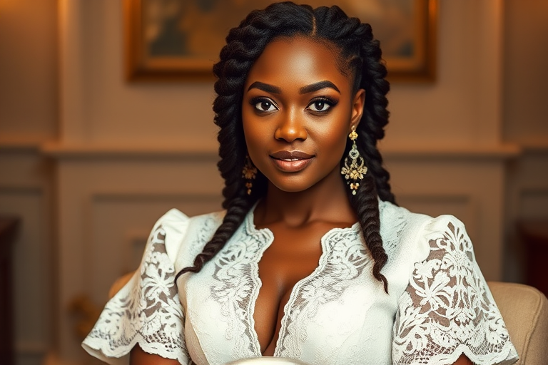 Create a portrait of a refined and elegant African American woman seated in a sophisticated setting. She has long, wavy hair styled in two thick braids that are pulled over her shoulders. She wears a white, lace gown with intricate patterns, featuring a deep V-neckline and short sleeves. The dress exudes a vintage charm with its delicate lacework. She is adorned with ornate, dangling earrings that add a touch of glamour to her appearance. The background is softly lit, with warm, ambient lighting that creates a cozy and inviting atmosphere. Her expression is poised and serene, capturing a sense of grace and elegance.