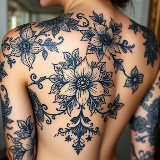 Ornamental blackwork tattoo dubbed "Lace Elegance" featuring delicate floral and filigree patterns inspired by intricate lace designs covering large areas of skin with mesmerizing detail
