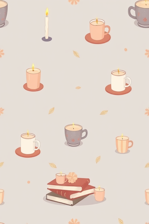 Create a seamless pattern illustration featuring candles, cups, and books in a muted color palette against a soft gray background, camera settings: f/8, ISO 200, shutter speed 1/125, camera view: top-down flat lay, camera style: digital illustration, camera type: DSLR.