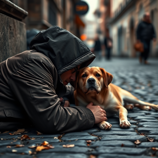 Generate an image of a person in a hooded jacket lying on the ground next to a dog, set against a cobblestone street, with a shallow depth of field, using a DSLR camera with a 50mm lens at f/2.8, ISO 200, and a soft focus effect to enhance the emotional atmosphere.
