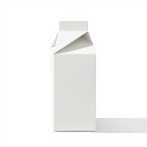 Create a high-resolution illustration of a plain milk carton with a minimalist design, using a 50mm lens, f/2.8 aperture, 1/100 sec shutter speed, and natural lighting, shot from a slightly elevated angle to capture detailed textures.