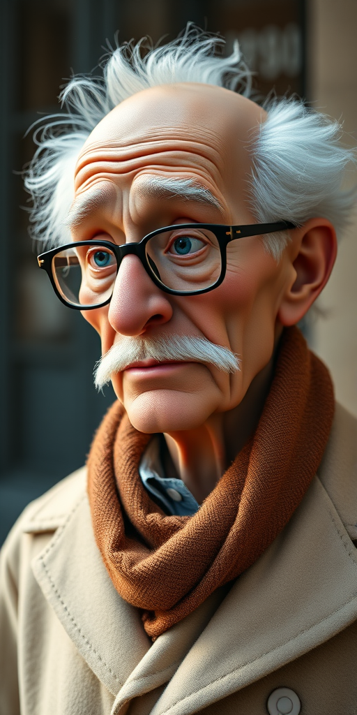 Create a hyper-realistic image of a cartoonish elderly man with bald head, fluffy white hair, and glasses, wearing a brown scarf and cream-colored coat, shot with a Canon EOS R5, 50mm f/1.2 lens, at ISO 100, aperture f/2.8, and natural soft lighting from the side.